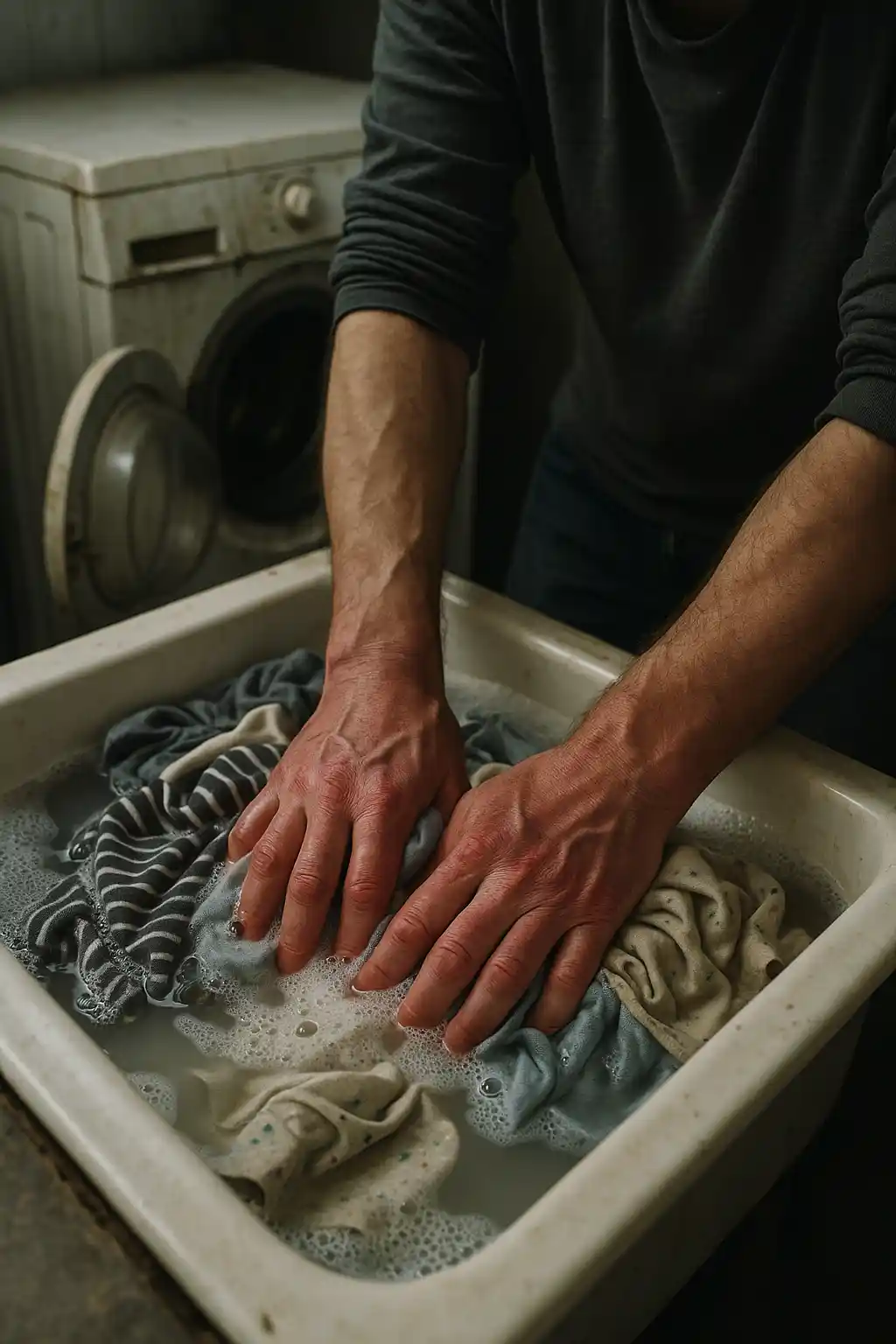 Close-up of cracked, red hands of a father washing children's clothes in a sink, showing exhaustion.
