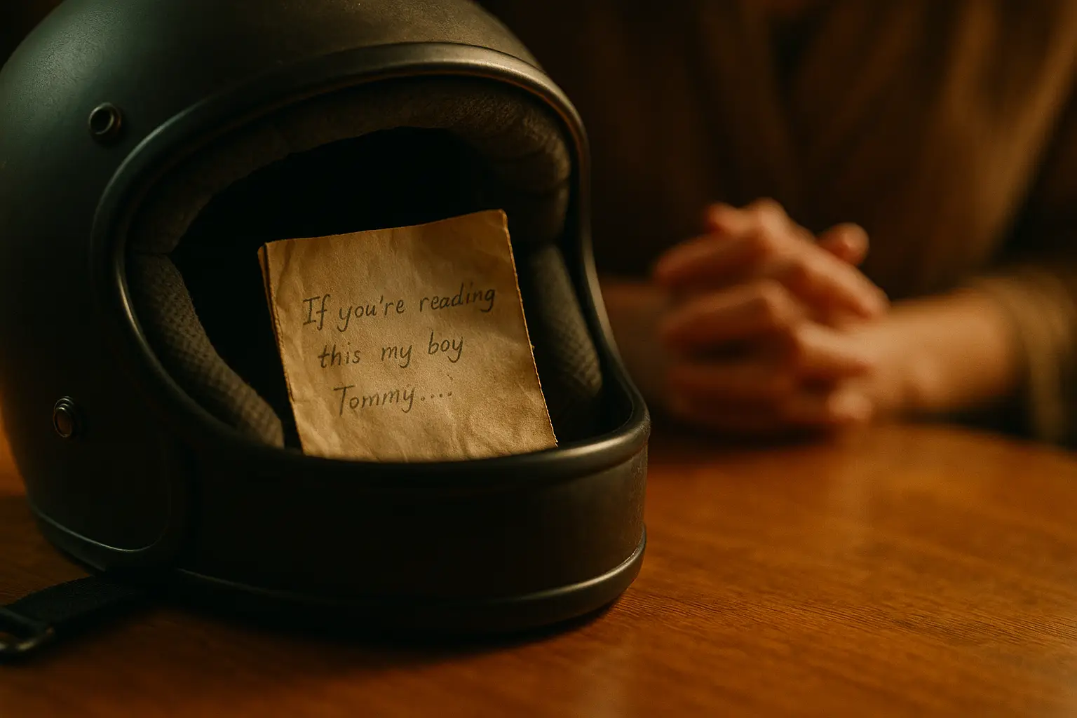 Close-up of a restored motorcycle helmet with a folded, worn note tucked into the padding.