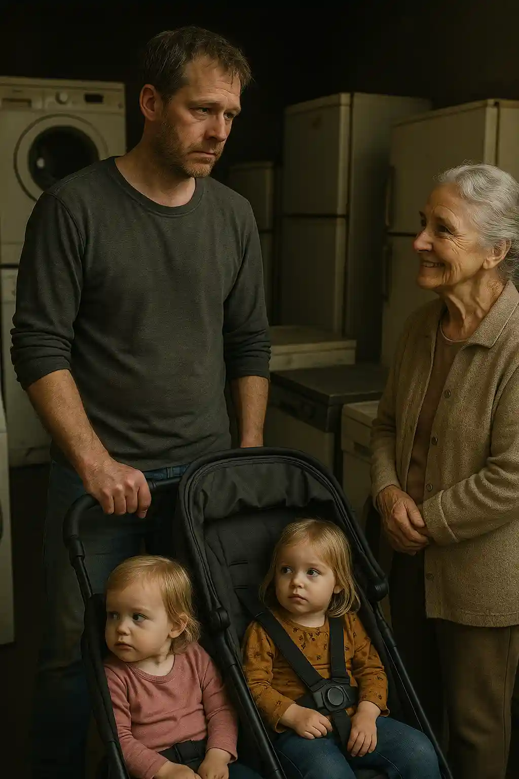 Father and twin girls in a stroller in a dusty appliance shop, talking to a kind older woman.