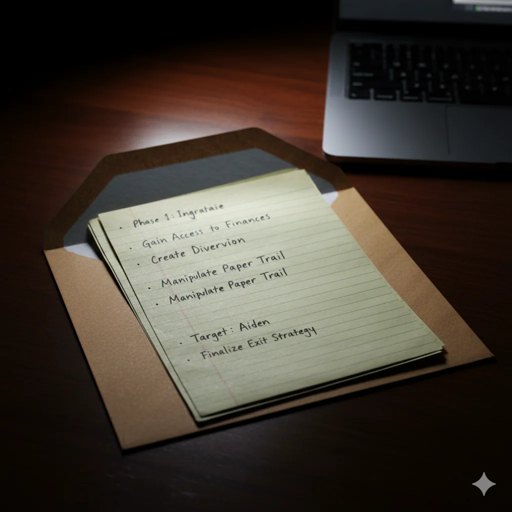 A close-up shot of a thick manila envelope opened on a mahogany desk. Inside are pages of handwritten notes with bullet points like a script, illuminated by the glow of a nearby laptop.