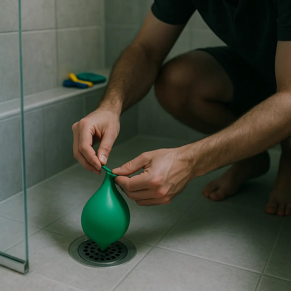 A man's hands stretching a balloon over a shower drain