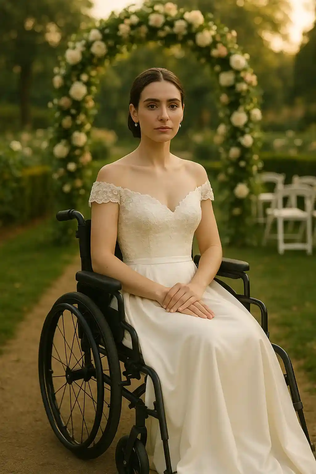 Angelina sitting composedly in an elegant wheelchair, dressed formally with a dignified expression