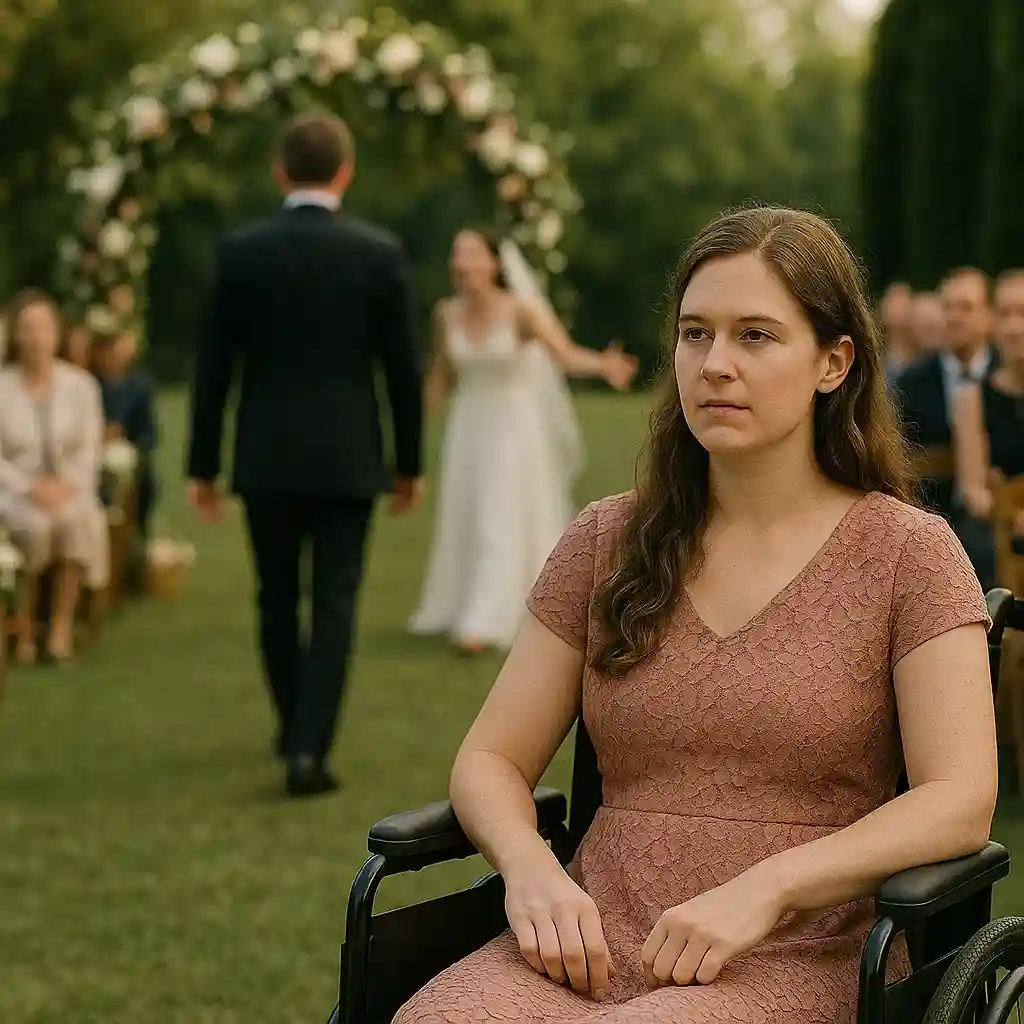 A wedding photo capturing Angelina in her wheelchair with quiet dignity as Matthew walks away from the arch