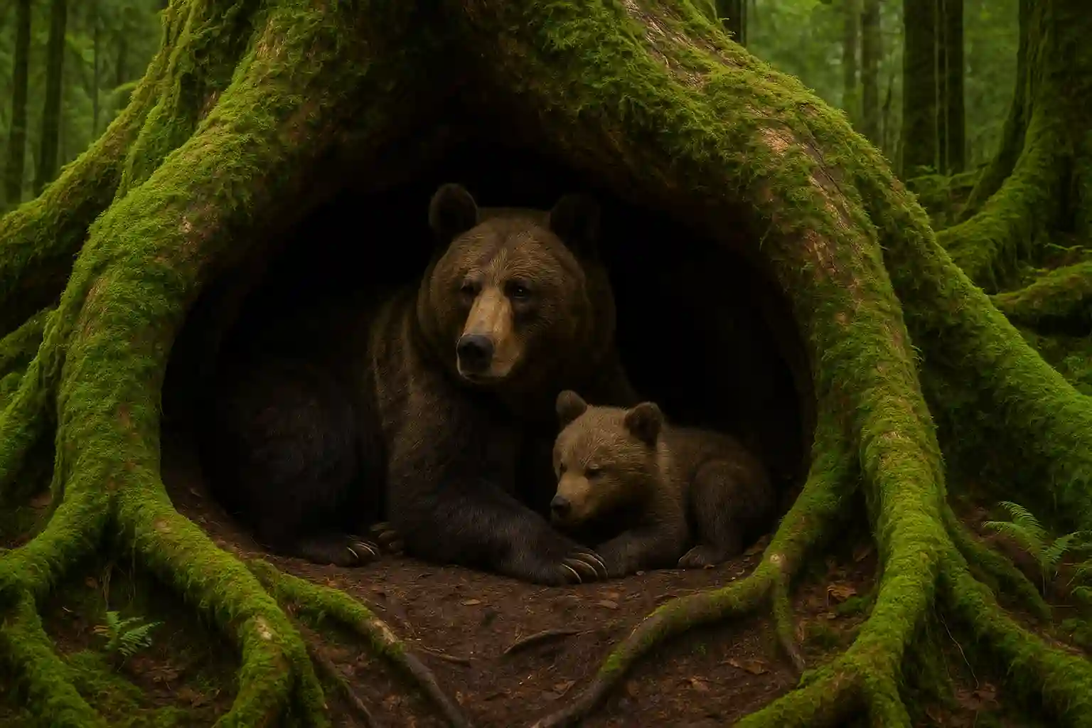 A small, cozy bear den nestled under the roots of a massive ancient tree in a mossy forest.