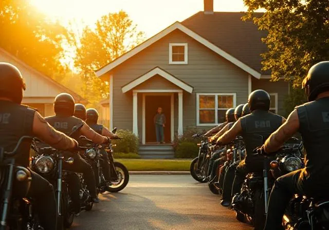 Group of 47 bikers in leather vests surrounding a suburban house in the morning light.