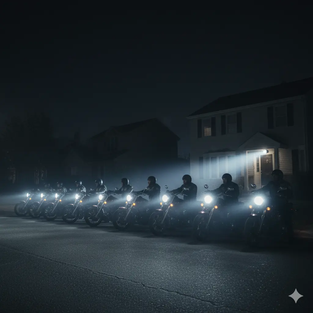 A line of quiet motorcycles and riders standing outside a suburban home at night, headlights glowing.
