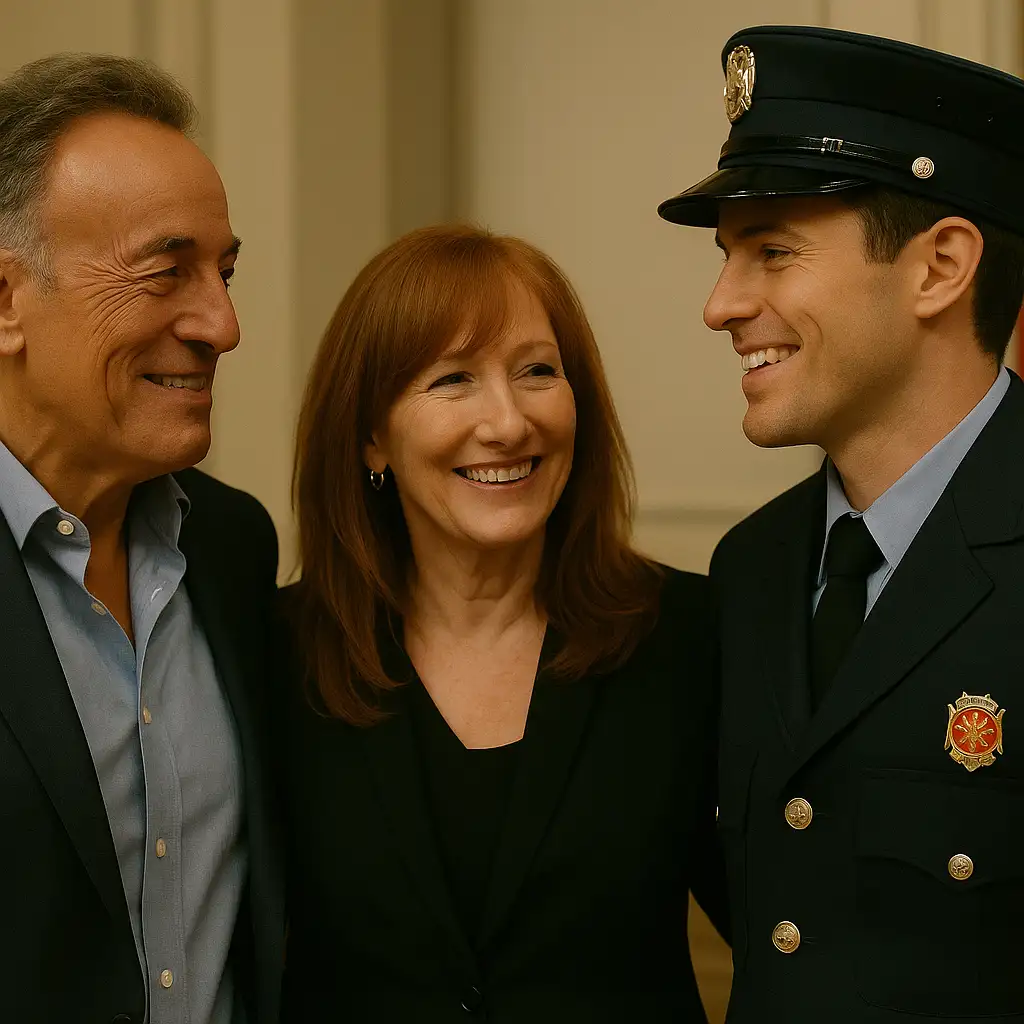 Bruce Springsteen and Patti Scialfa smiling proudly at their son Sam in a firefighter uniform.