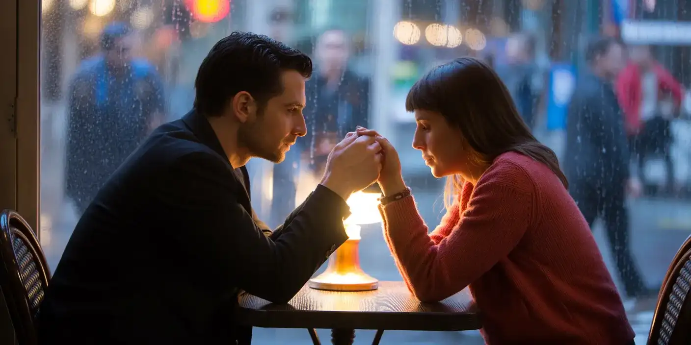Scene viewed through a blurry café window of a man and woman sharing an intimate moment