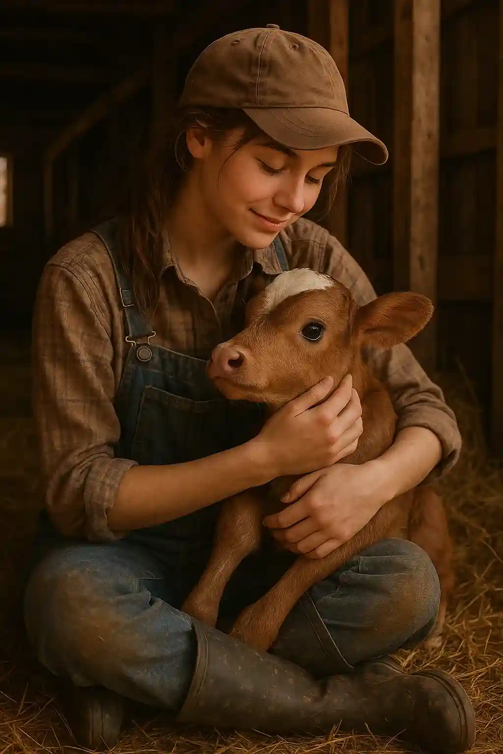 Calves and Connection Teenage girl gently holding a newborn calf in a warm barn