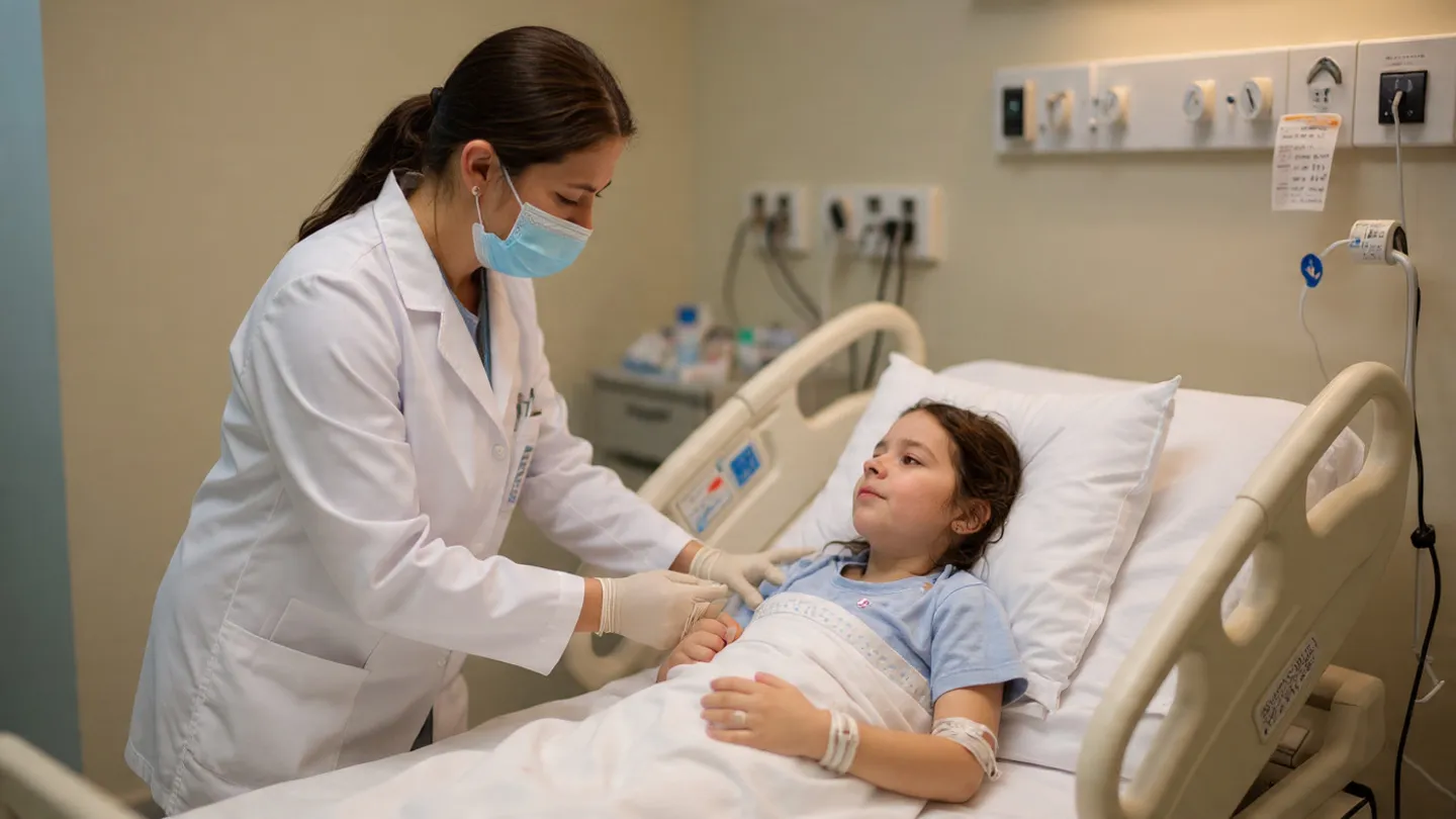 A doctor and nurse monitoring a child in a hospital bed, symbolizing intensive medical care and hope.