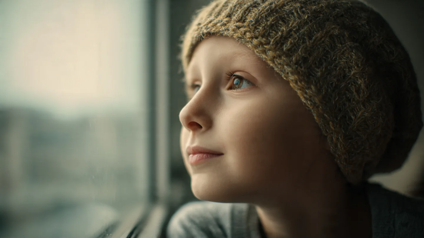 A child with a quiet, peaceful expression looking out of a hospital window, symbolizing courage and hope.