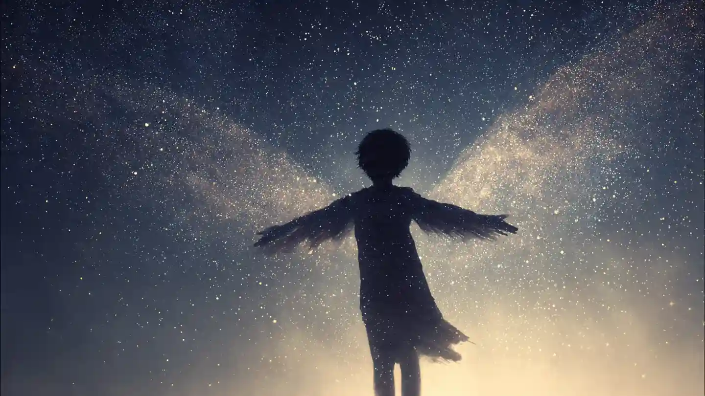 The silhouette of a child with wings or being lifted into a starry sky, symbolizing their passing and freedom.
