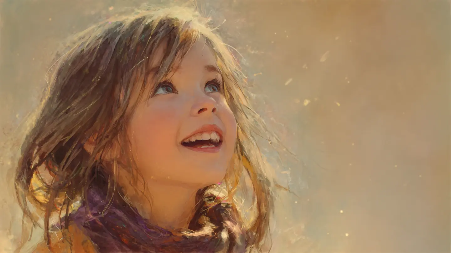 A young girl with bright, joyful eyes singing and smiling, surrounded by a soft, warm light.