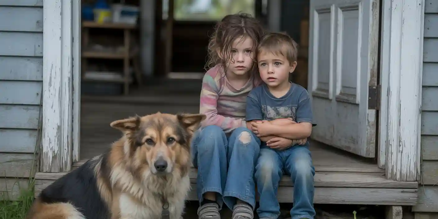 Nine-year-old girl hugging her little brother on a run-down porch with a German Shepherd guarding them