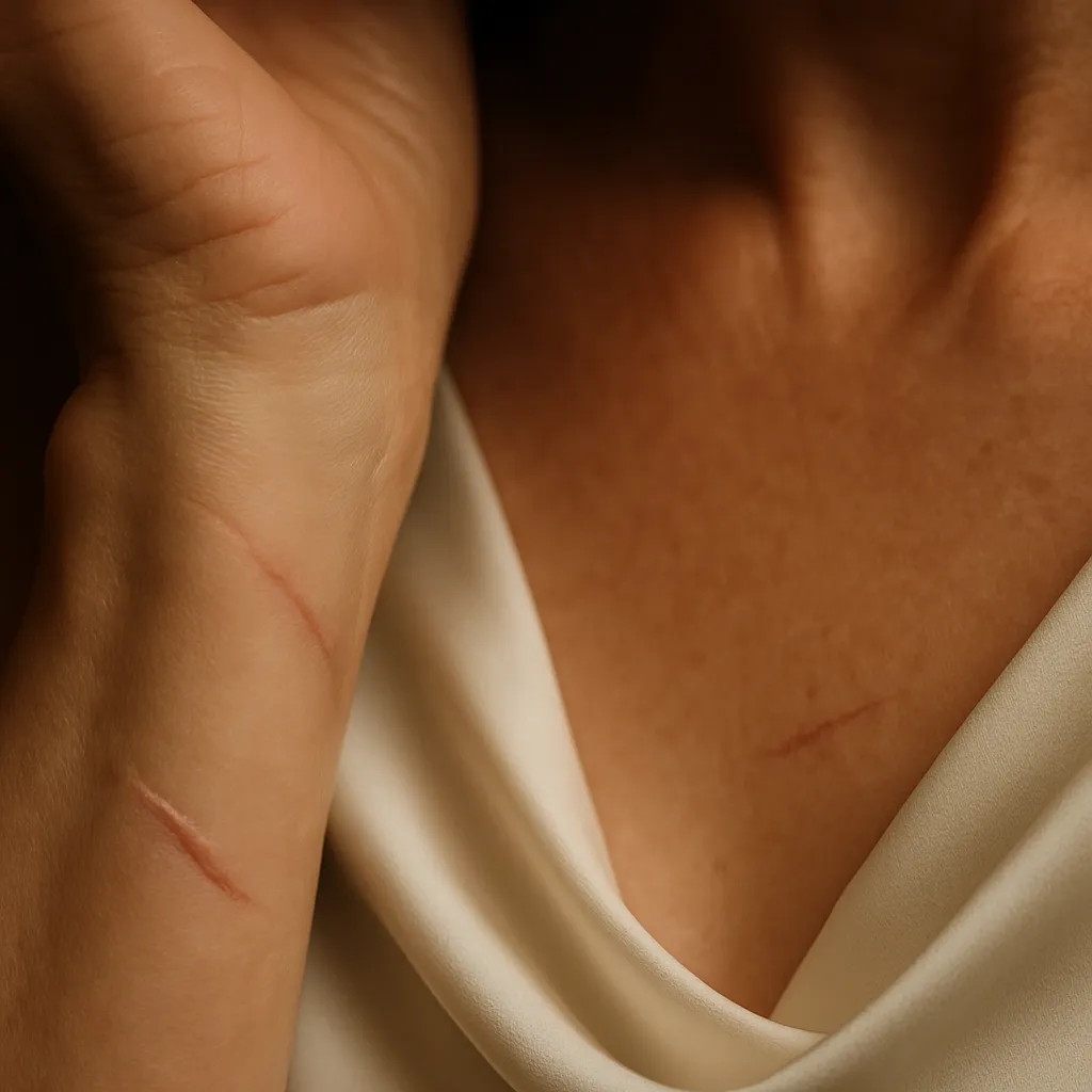 Close-up of a woman's wrist and collarbone showing faint scars