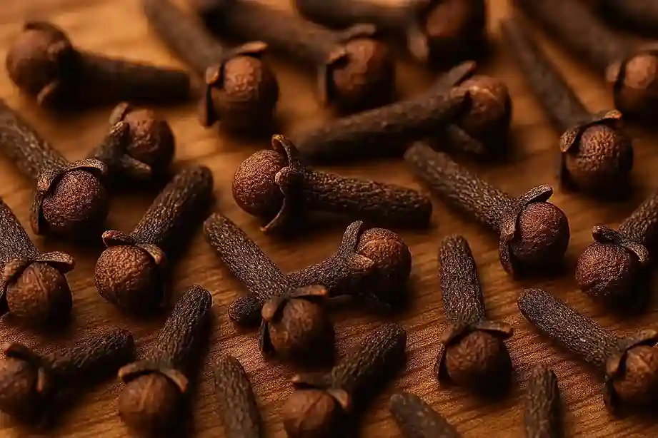 Close-up macro shot of whole, dried clove buds on a wooden surface