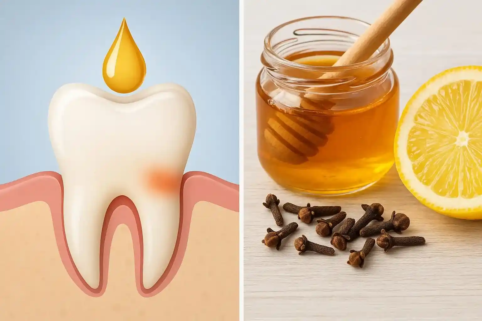 Split image showing diluted clove oil on a tooth and home remedy ingredients (cloves, lemon, honey)