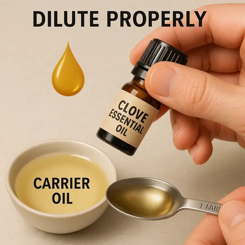 Instructional image of concentrated clove oil being diluted with a carrier oil on a spoon