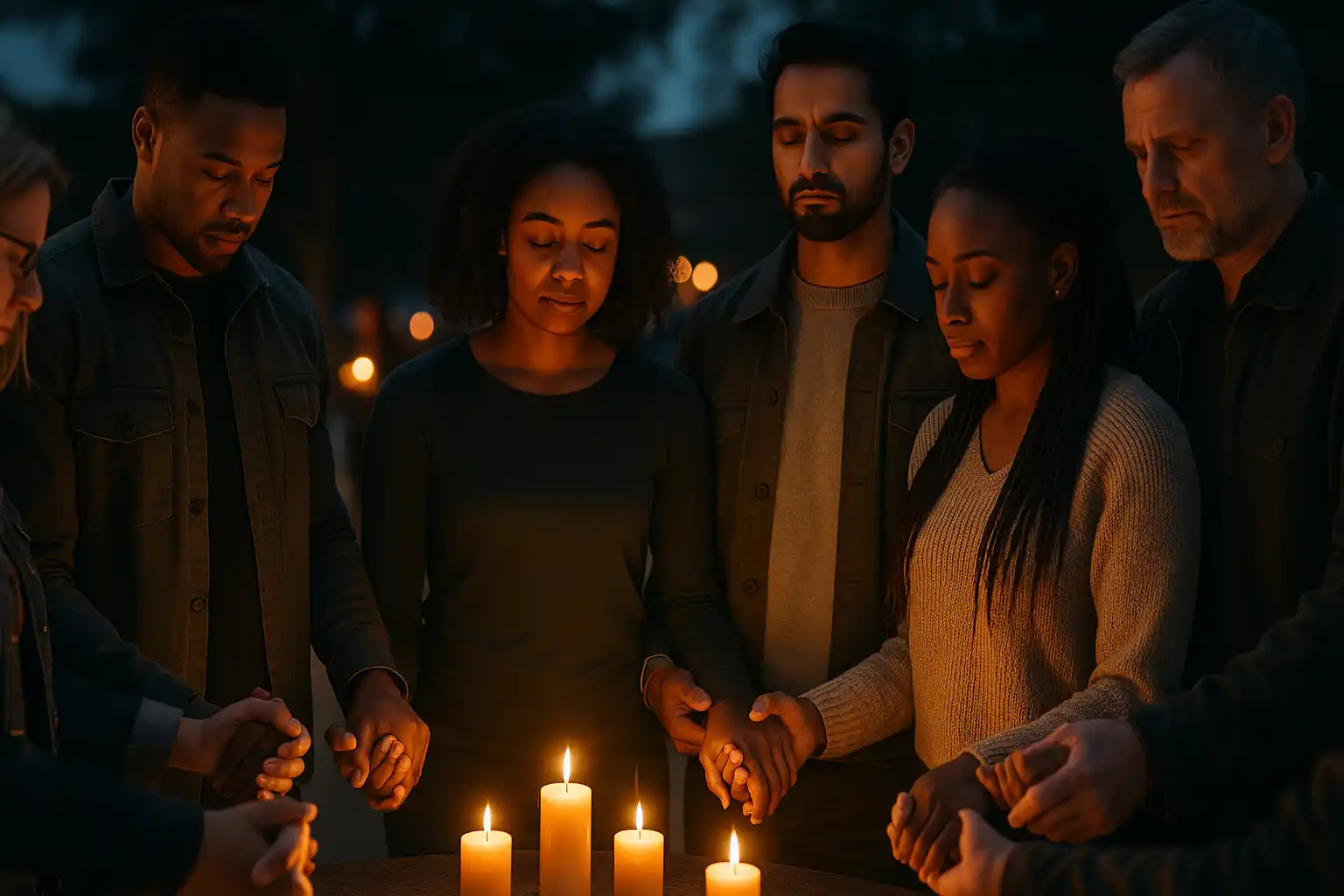 A diverse group of people holding hands in a circle at a candlelight vigil, symbolizing community support and hope.