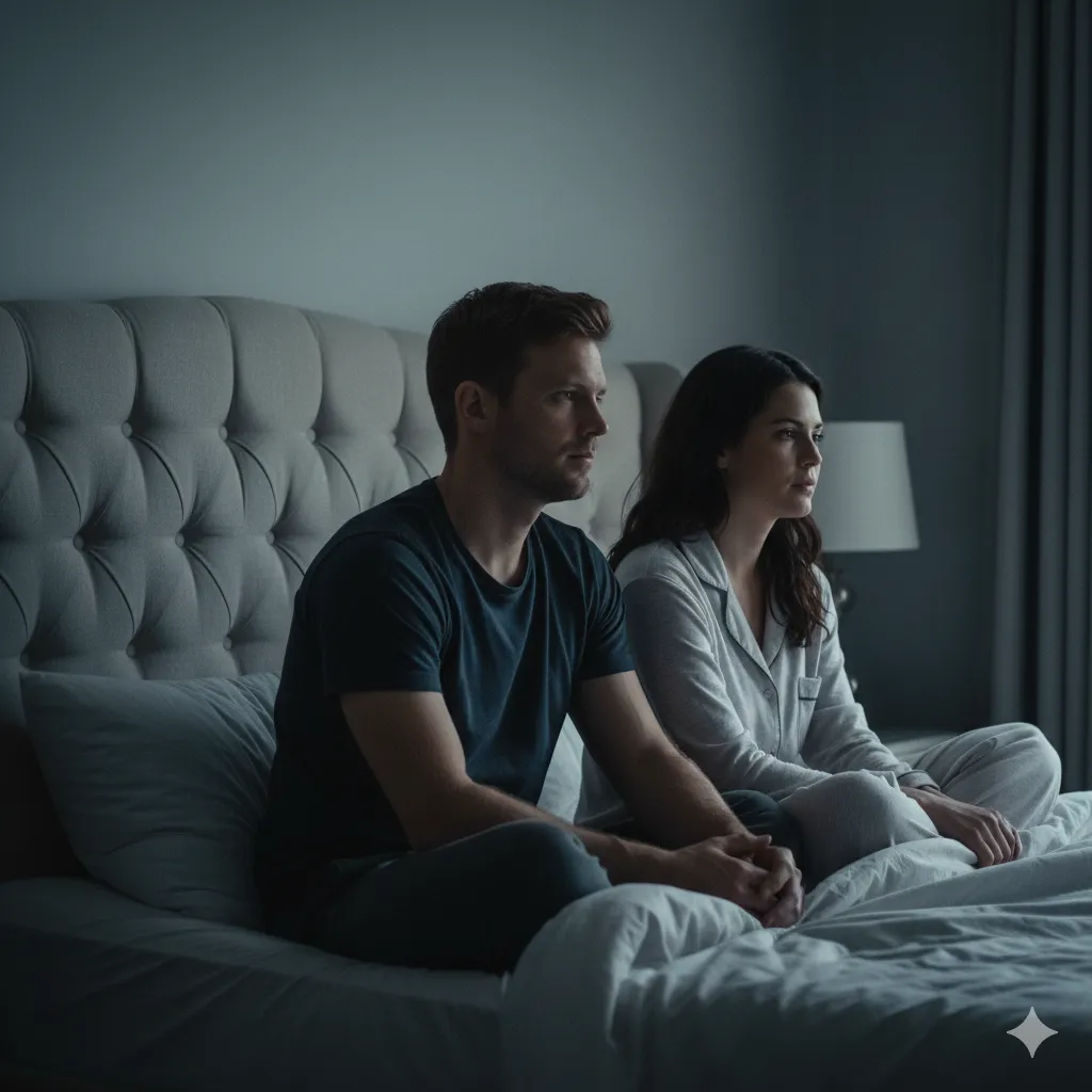 A couple sitting on a couch, physically close but facing opposite directions, showing emotional distance and disconnect.
