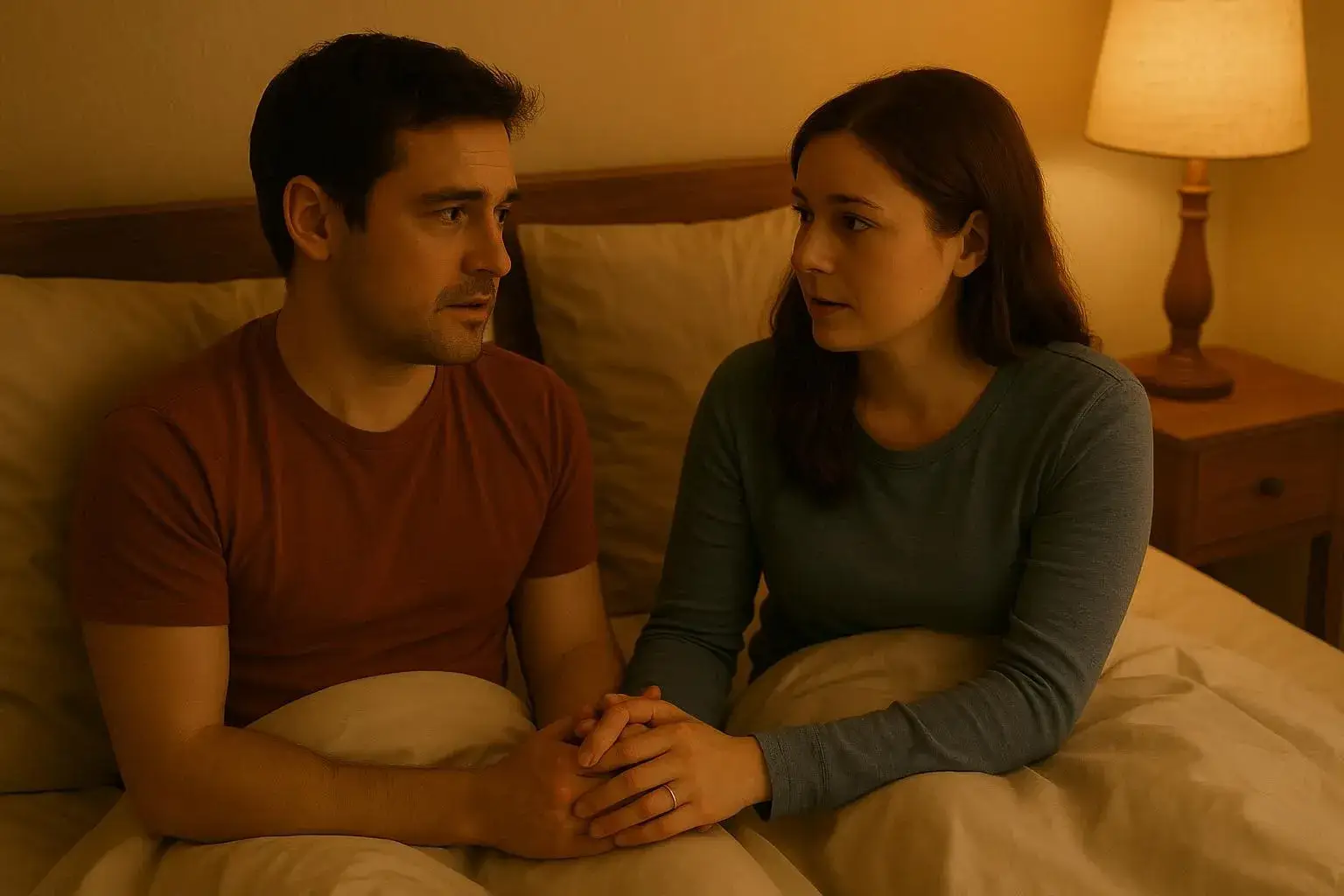 Couple sitting up in bed, fully clothed, holding hands and having a calm discussion