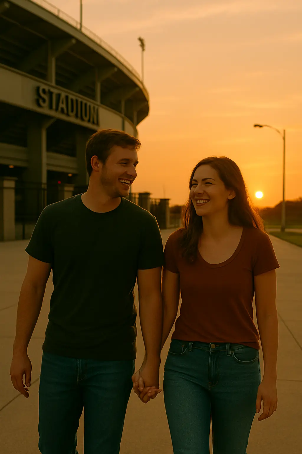 A couple (narrator and Thomas) holding hands and walking away from a stadium entrance at sunset, with a sense of quiet reflection.