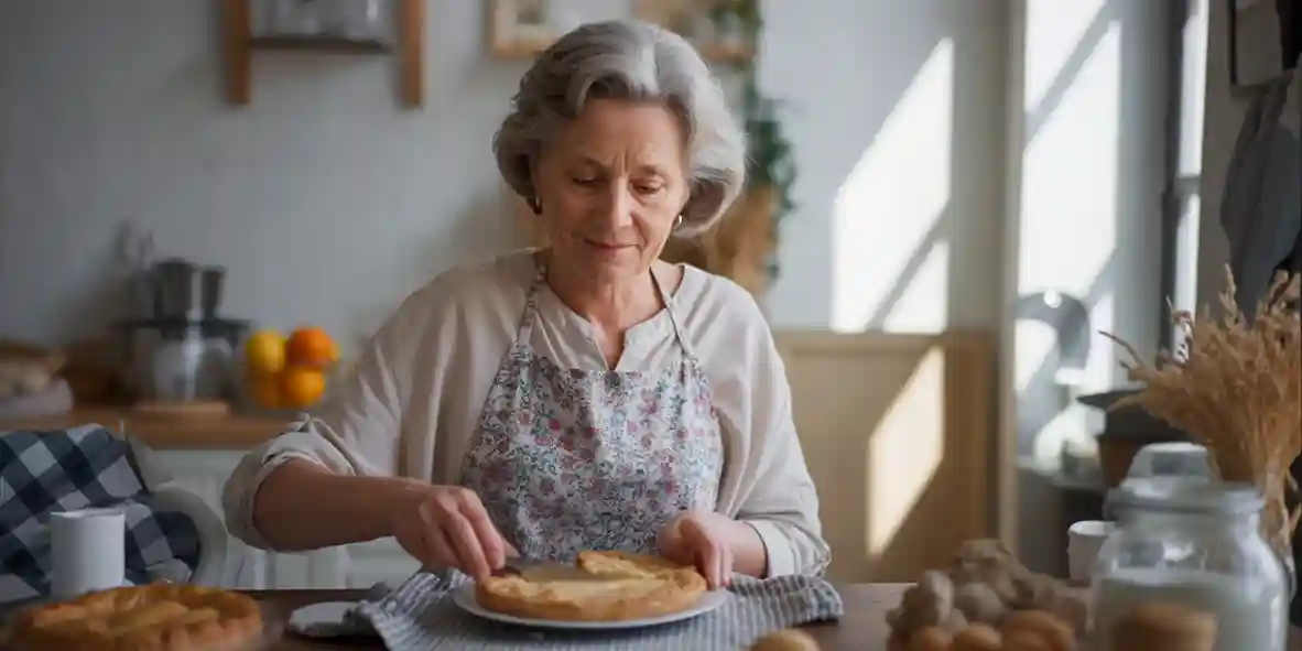 Margaret cutting a slice of homemade pie in a sunlit kitchen, symbolizing peace and contentment