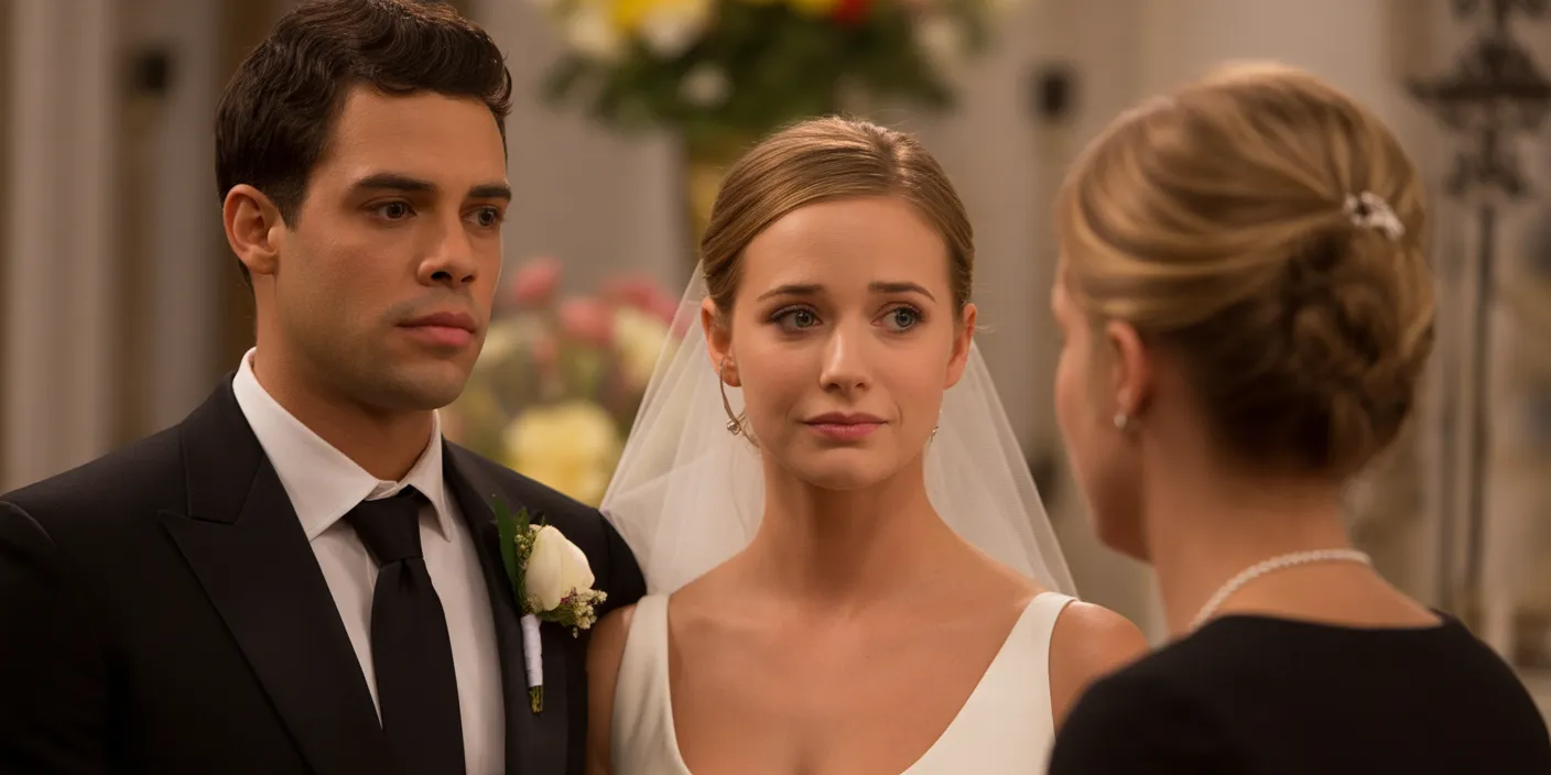 Close-up of the groom Daniel and bride Harper at the altar looking stunned and confused