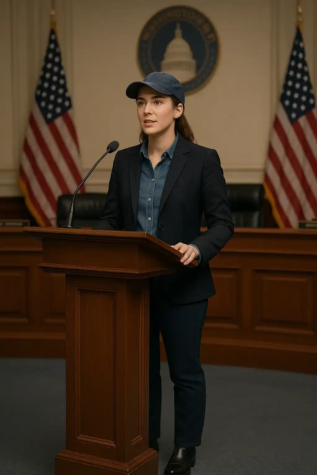 D.C. Triumph Young woman in polished boots speaking confidently at a government podium