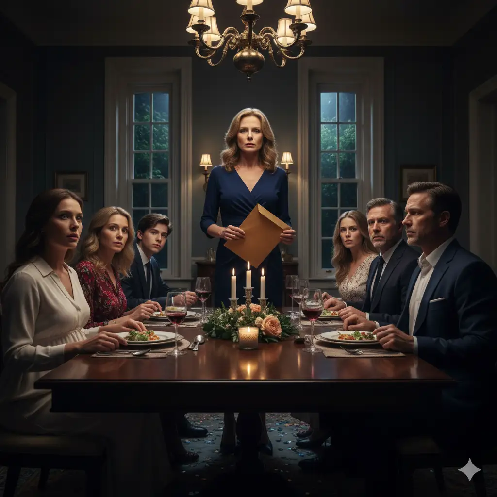 A tense family dinner scene where a man brings his pregnant mistress. The wife stands up calmly, holding a brown envelope, with the rest of the family frozen in shock.