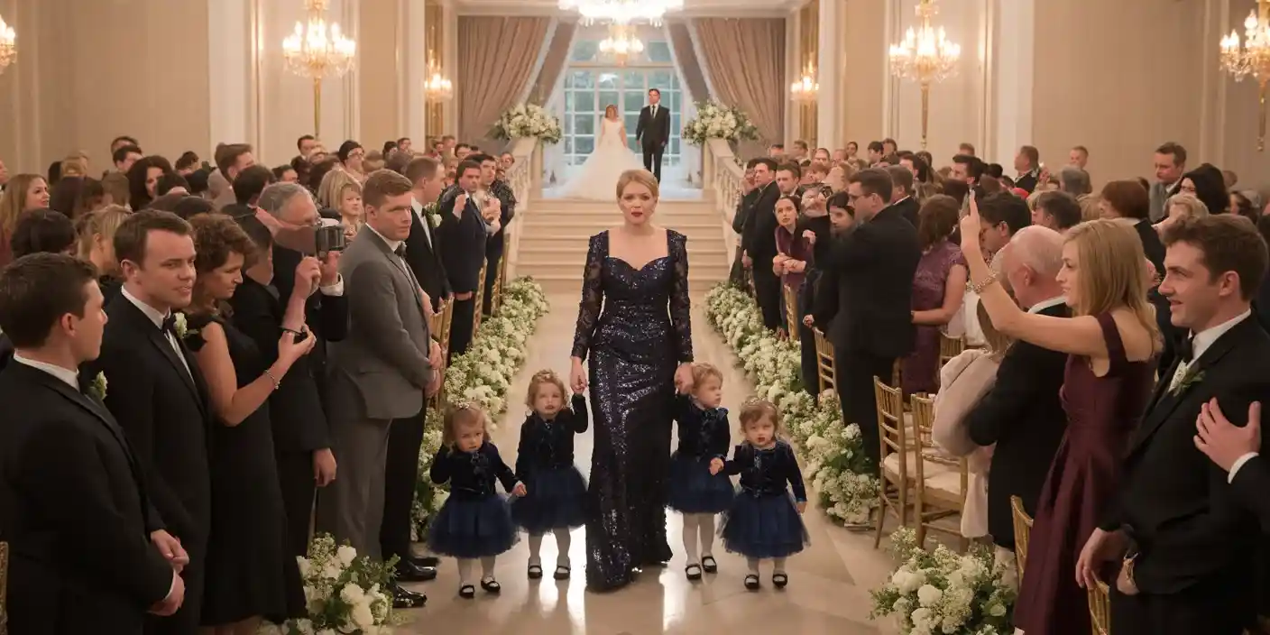 Wide shot of a wedding hall with guests frozen in shock as Olivia walks in with four children