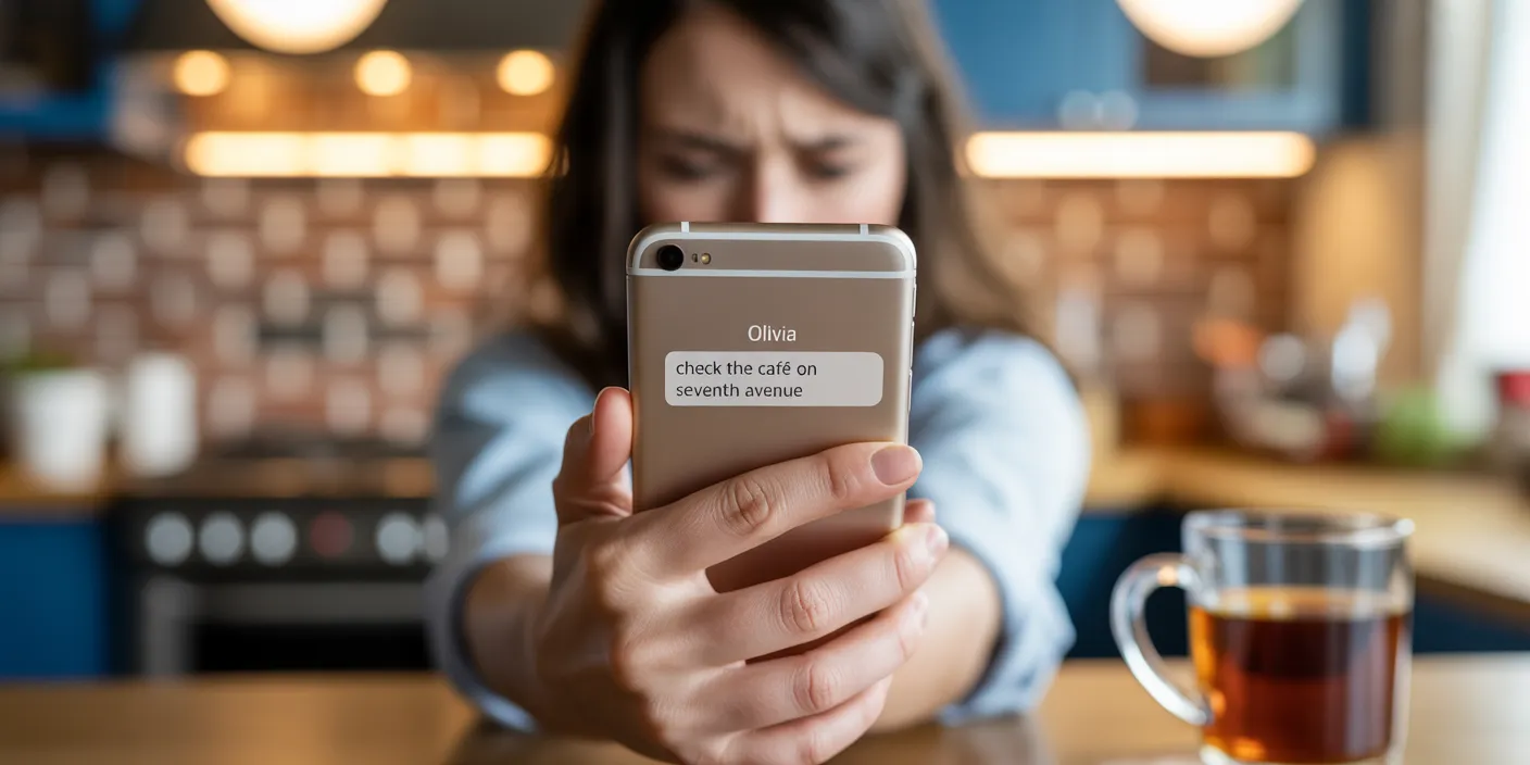 Woman's hand gripping a phone displaying a cryptic message, indicating dread
