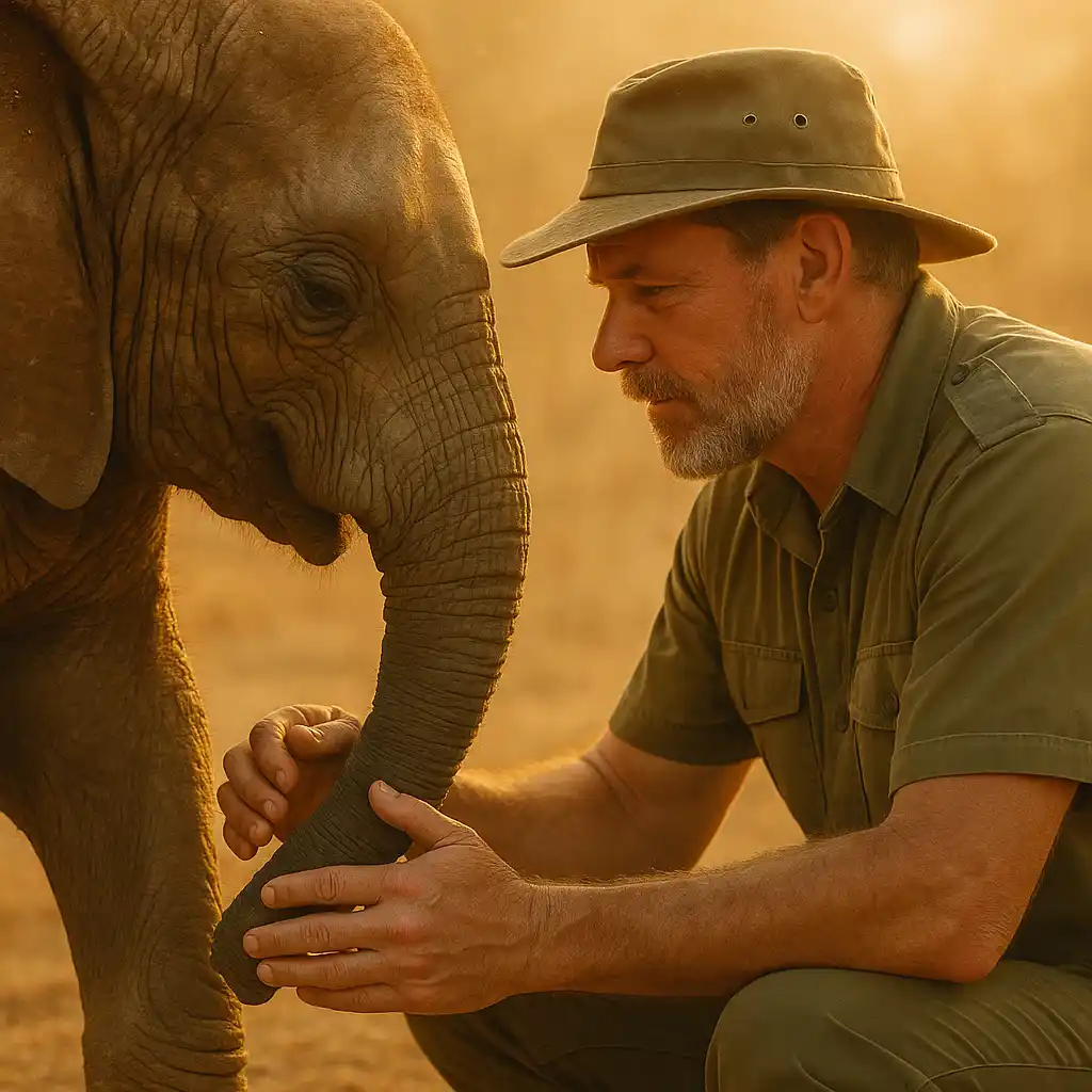 A large, healthy elephant gently resting its trunk on the chest of a retired, smiling park ranger.