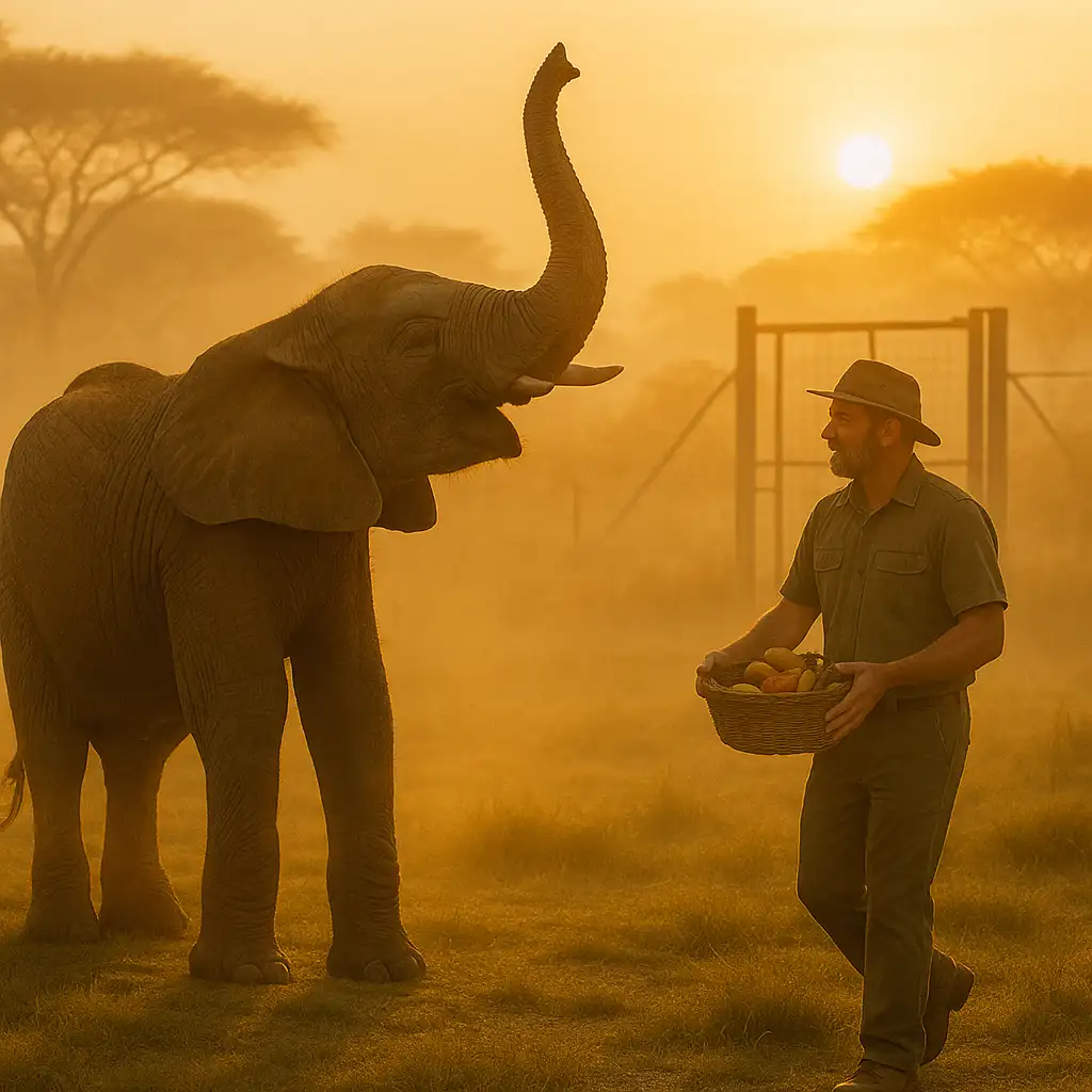 An elephant (Tembo) raising its trunk in a soft trumpet greeting to a man (Peter) standing at a sanctuary gate.