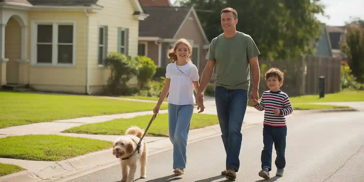 Daniel in civilian clothes walking his two smiling children and dog down a tidy suburban street