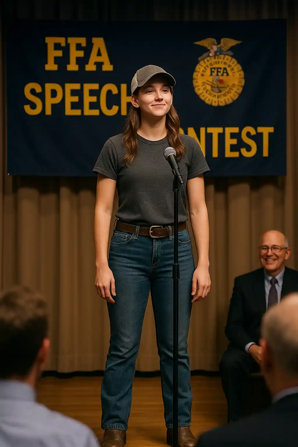 FFA Speech Triumph Teenage girl speaking confidently at an FFA speech contest in her farm attire