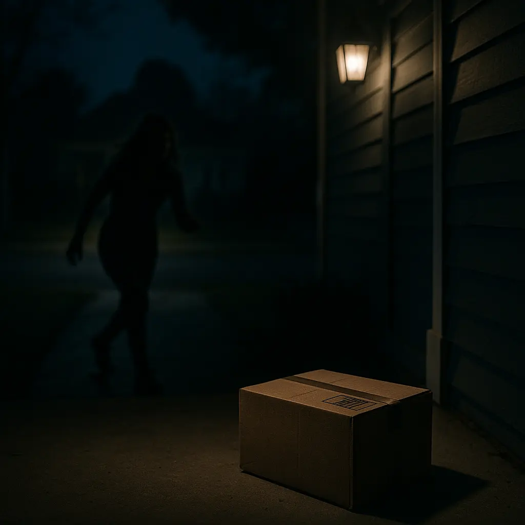 Furtive Package Theft Young woman's silhouette furtively stealing a package from a porch at night