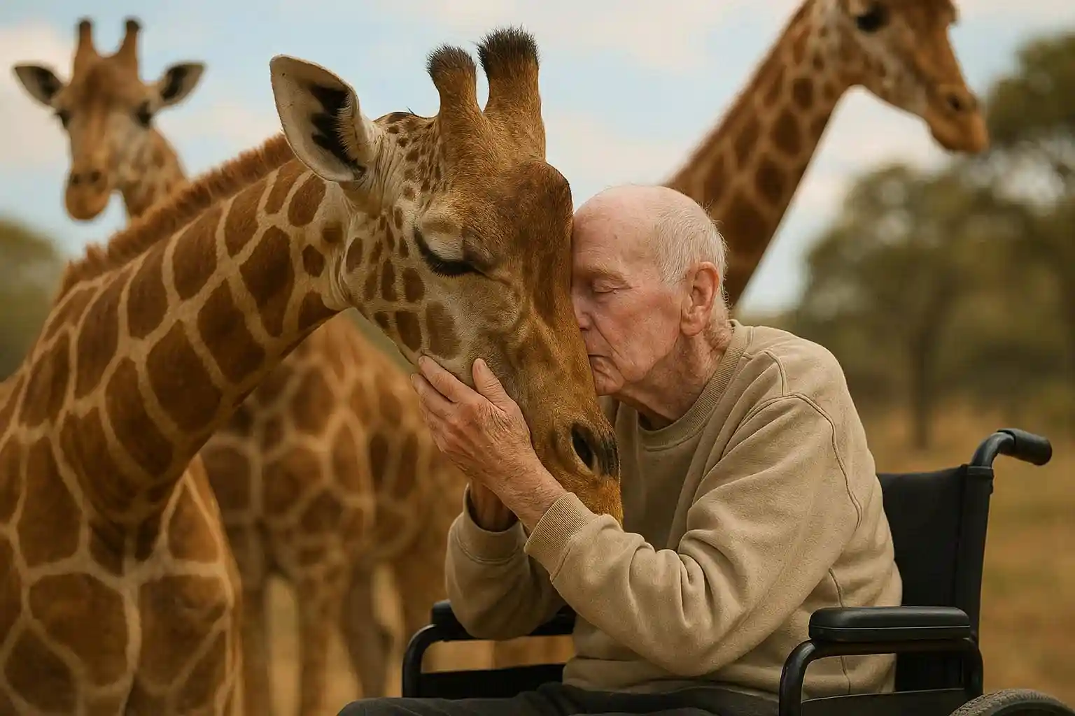 A giraffe bending its long neck down to gently nuzzle the face of a man lying in a hospital bed in its enclosure.
