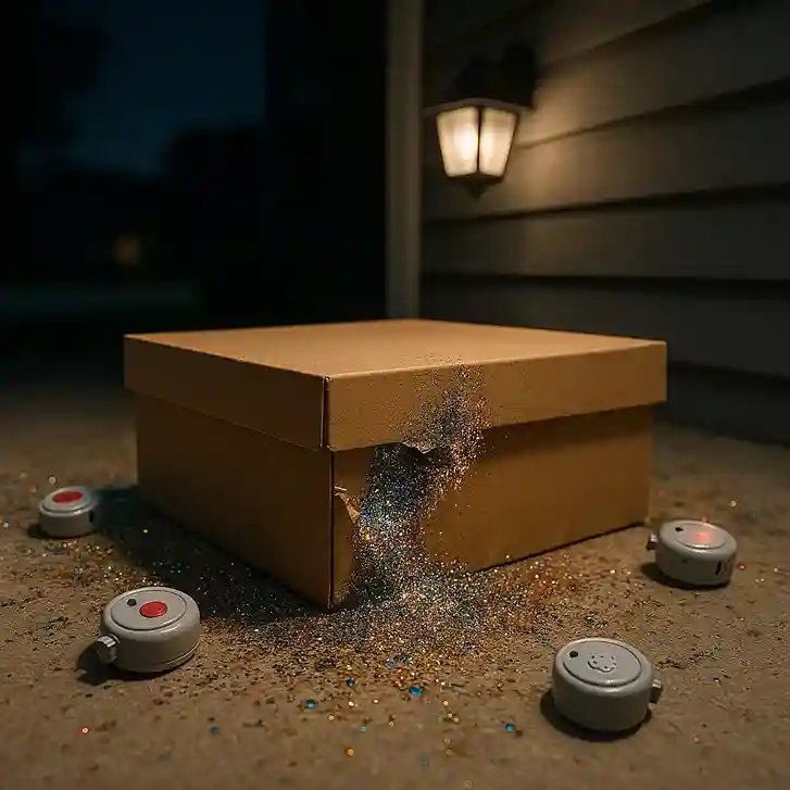 Glitter Bomb Aftermath Close-up of a broken shoebox on a porch with glitter exploding and small alarms ringing
