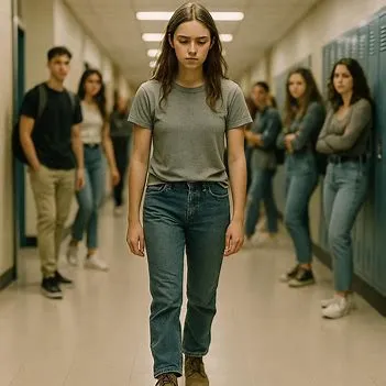 High School Isolation Teenage girl walking through high school hall in work boots while being judged