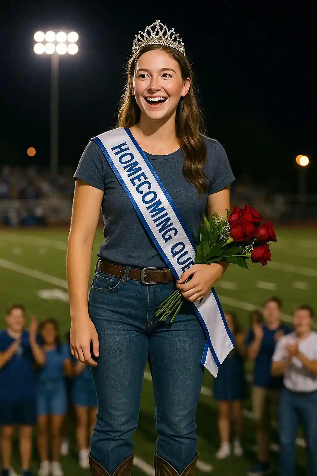 Homecoming Queen Girl in boots being crowned Homecoming Queen on a football field