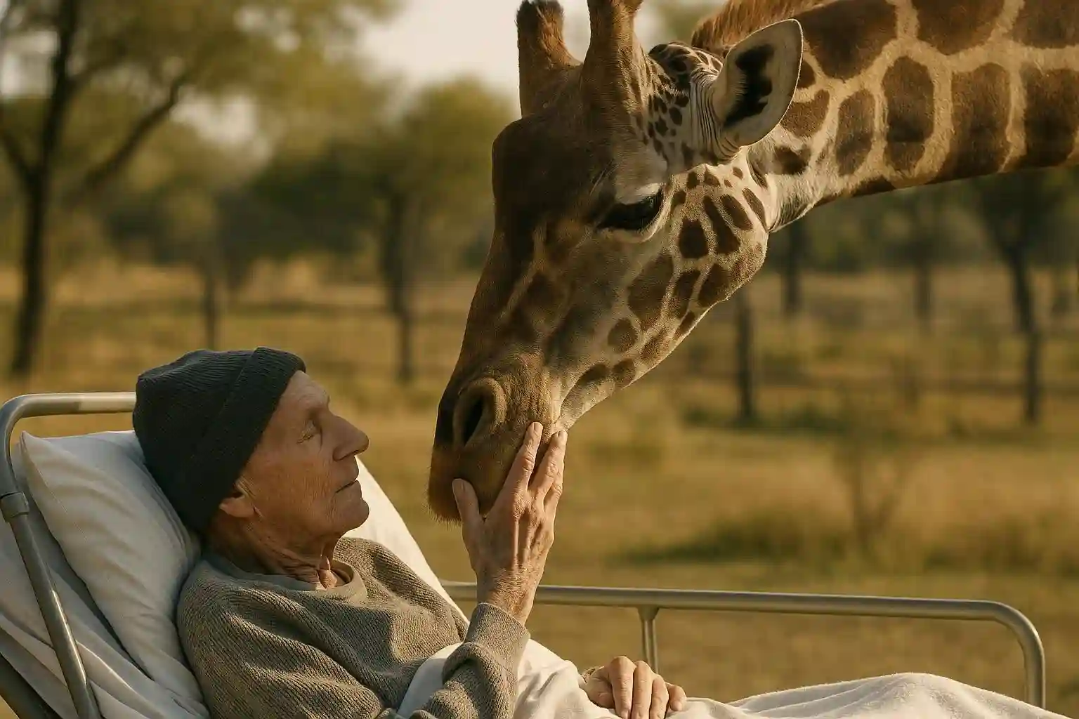 A hospital bed placed under a tree in a sunny, quiet zoo enclosure, ready for a patient.