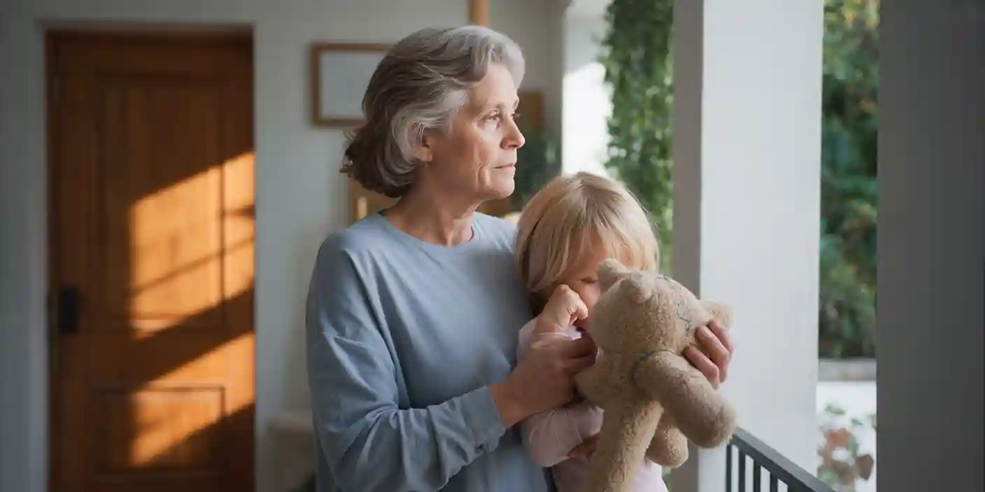 Margaret looking out an open door at a woman (Lisa) holding Melissa with tears of relief