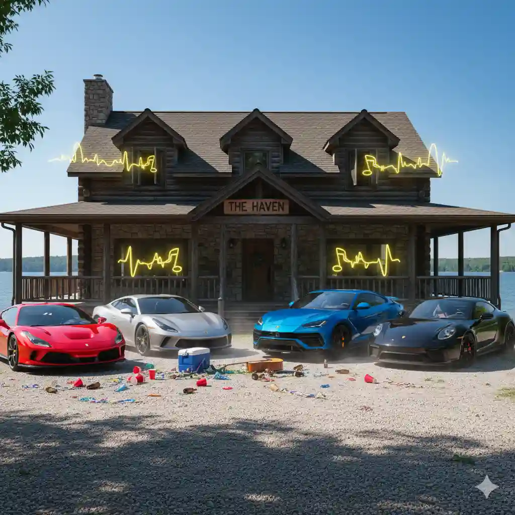 A quiet lake house scene disrupted by loud music and multiple cars parked outside, indicating an unexpected party.