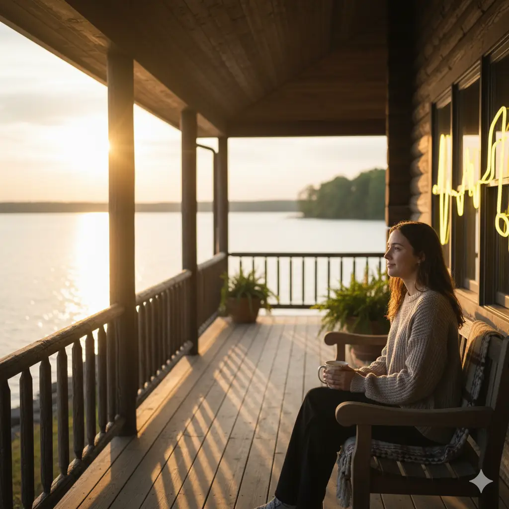 A peaceful, beautiful shot of the lake house porch at sunset, with a woman sitting there quietly, sipping coffee.