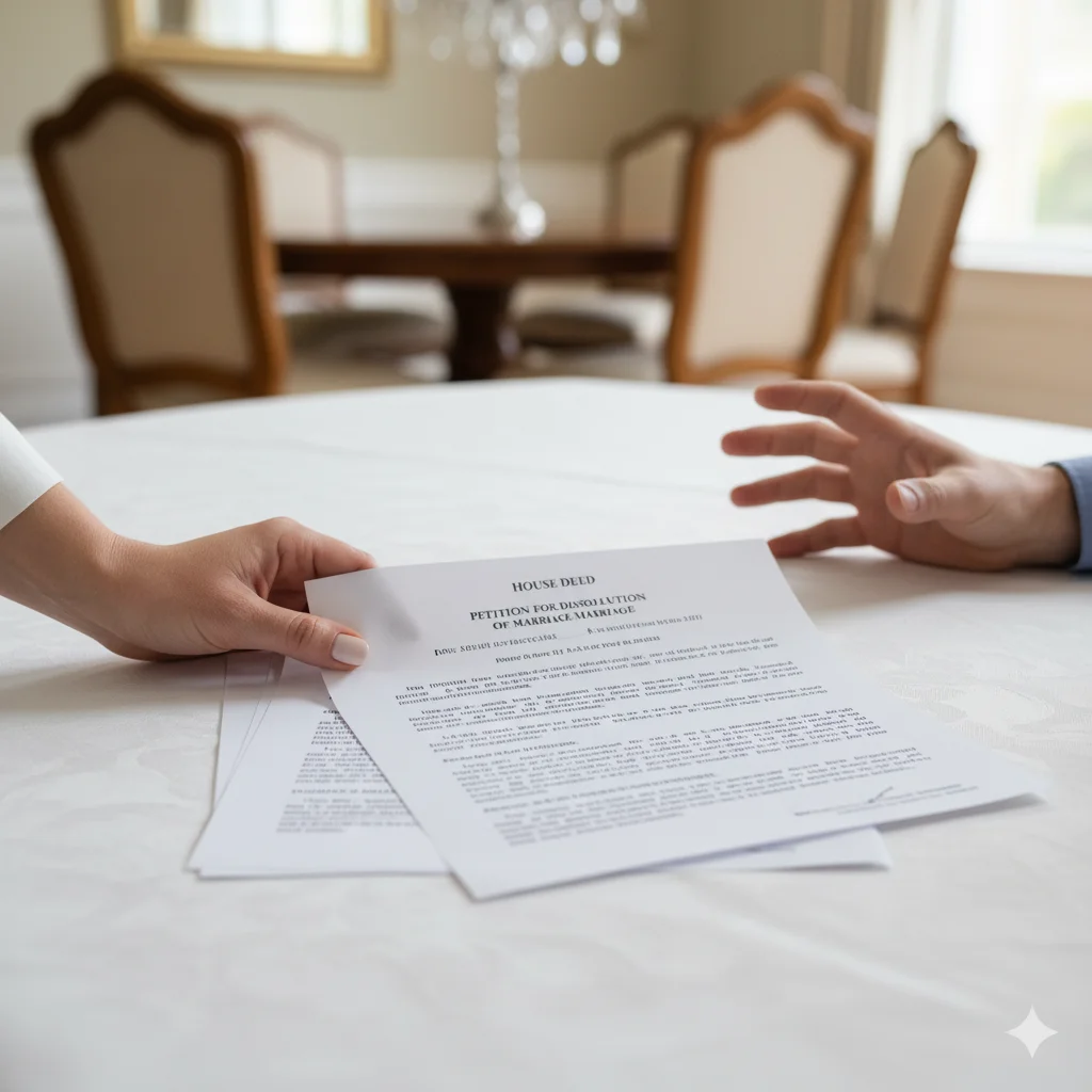 Close-up of a woman's manicured hand calmly placing legal documents (house deeds, divorce papers) onto a dinner table, with a man's horrified face visible in the background.