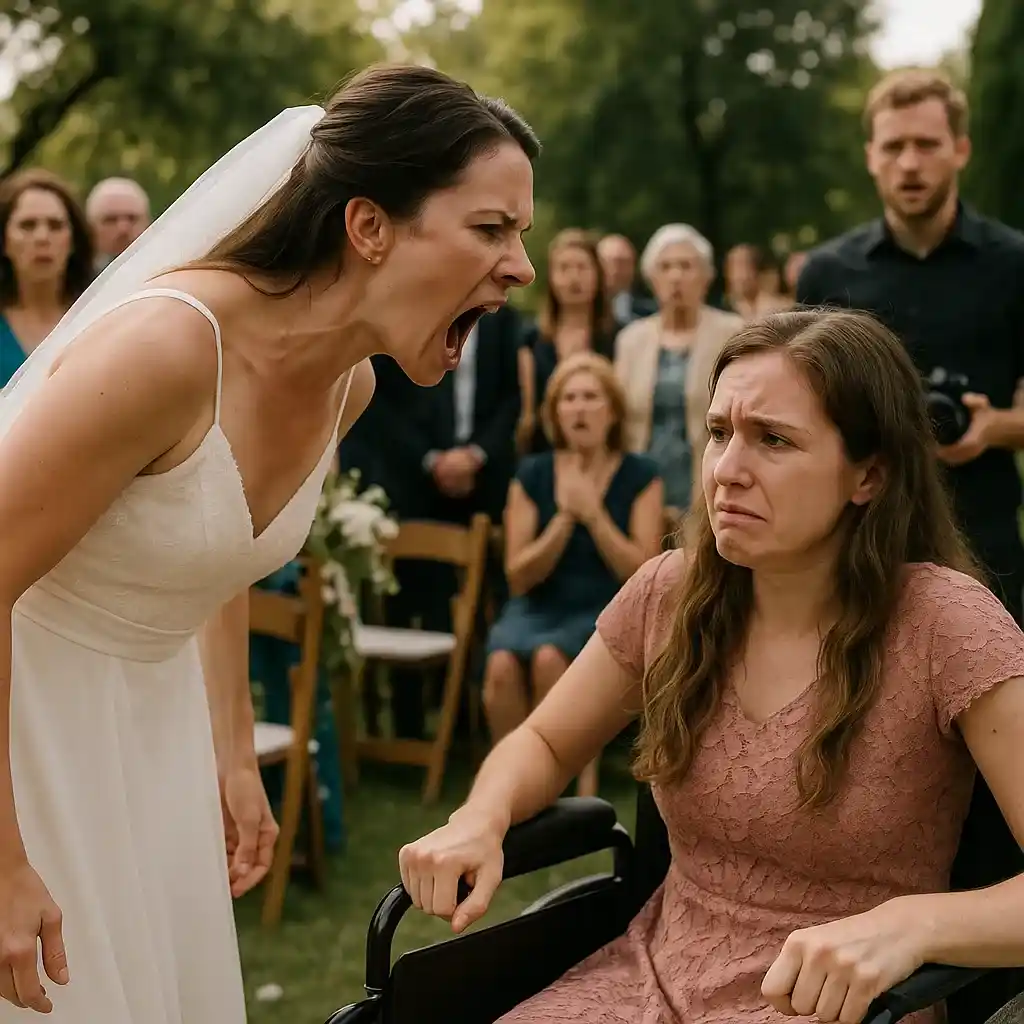Lila with a furious expression yelling at Angelina, who is gripping her wheelchair armrests in distress