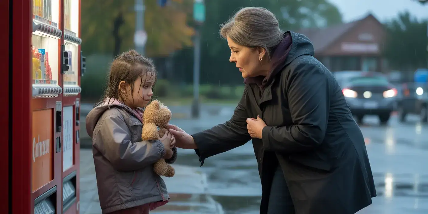 A soaking-wet little girl clutching a stuffed cat outside a grocery store entrance, with Margaret approaching