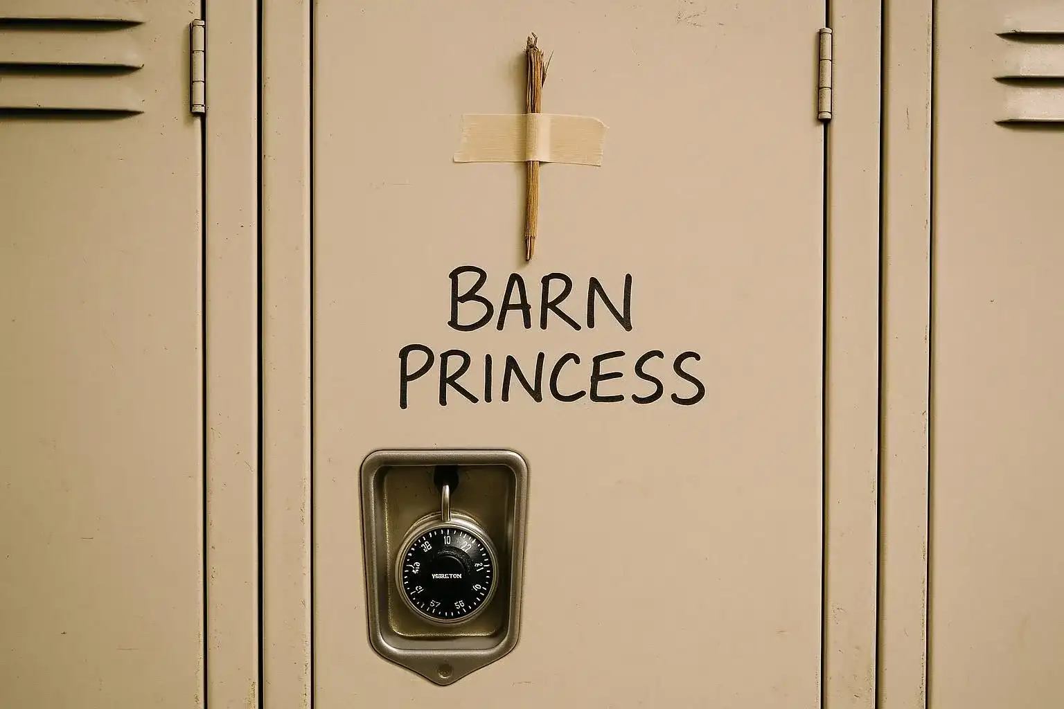 Locker Mockery Close-up of a high school locker with straw and the words 'BARN PRINCESS'