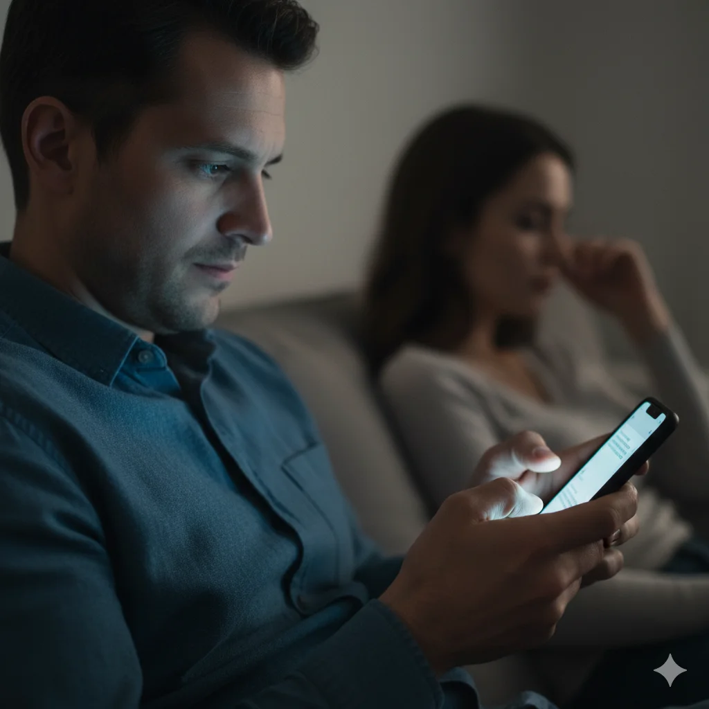 A man secretly texting on his phone, shielding it from his partner, signifying concealed communication.